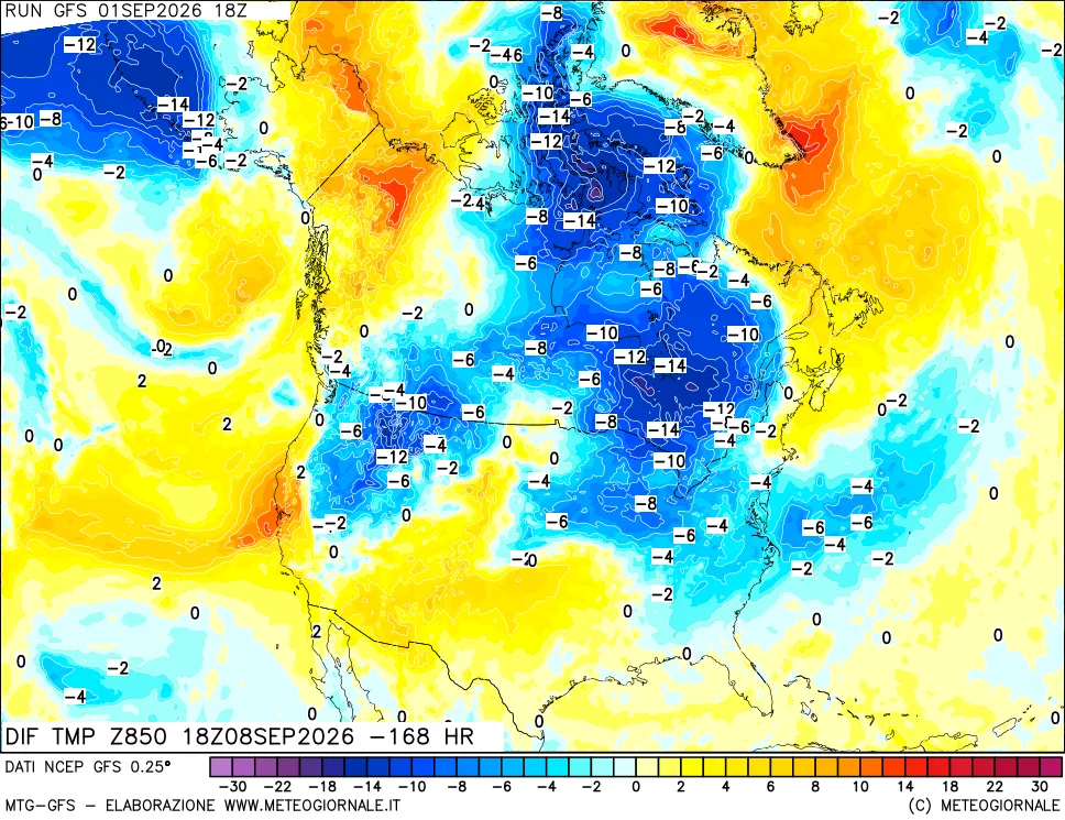 mappa Dif. Temp a 850 hPa Valid - Init