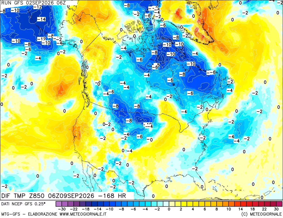 mappa Dif. Temp a 850 hPa Valid - Init