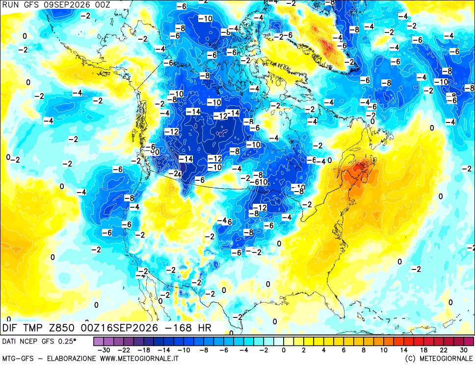 mappa Dif. Temp a 850 hPa Valid - Init