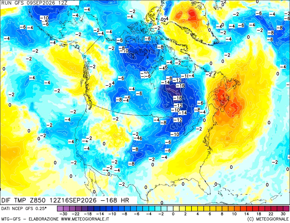 mappa Dif. Temp a 850 hPa Valid - Init