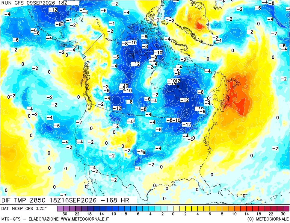 mappa Dif. Temp a 850 hPa Valid - Init