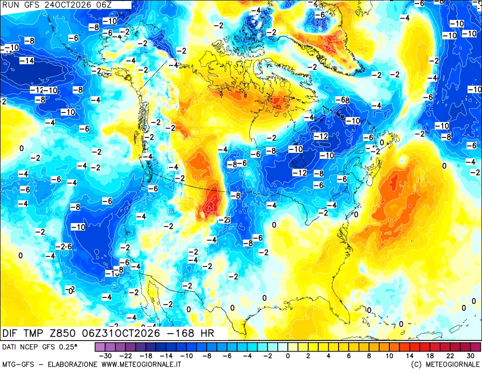 mappa Dif. Temp a 850 hPa Valid - Init