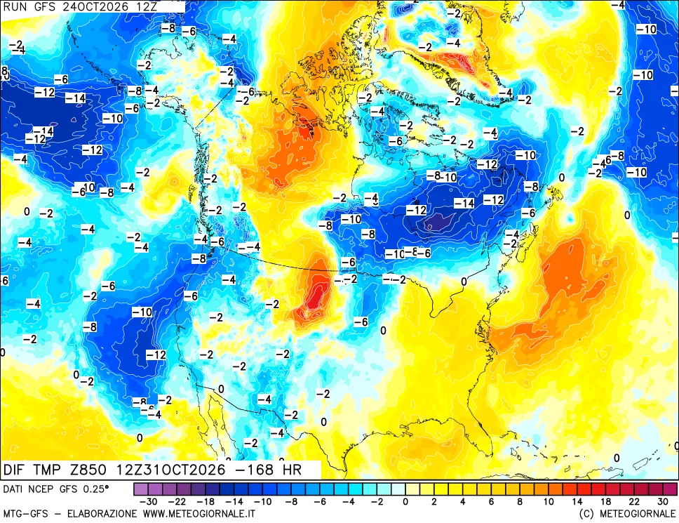 mappa Dif. Temp a 850 hPa Valid - Init