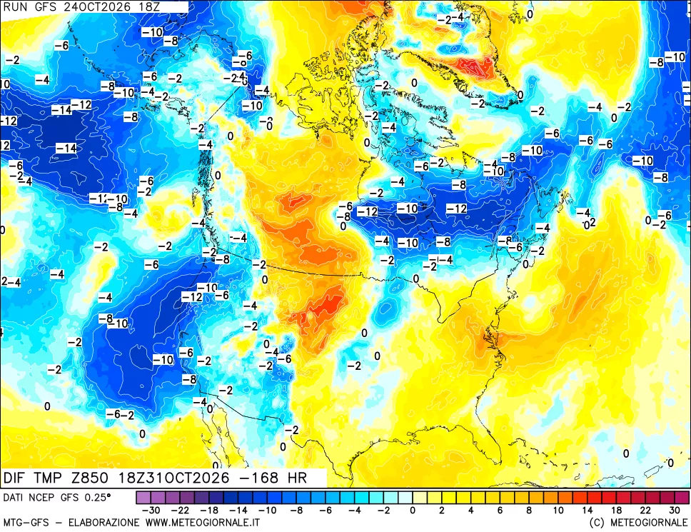 mappa Dif. Temp a 850 hPa Valid - Init