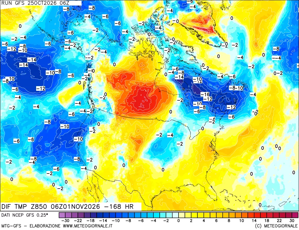 mappa Dif. Temp a 850 hPa Valid - Init
