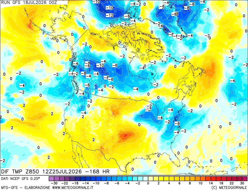 mappa Dif. Temp a 850 hPa Valid - Init