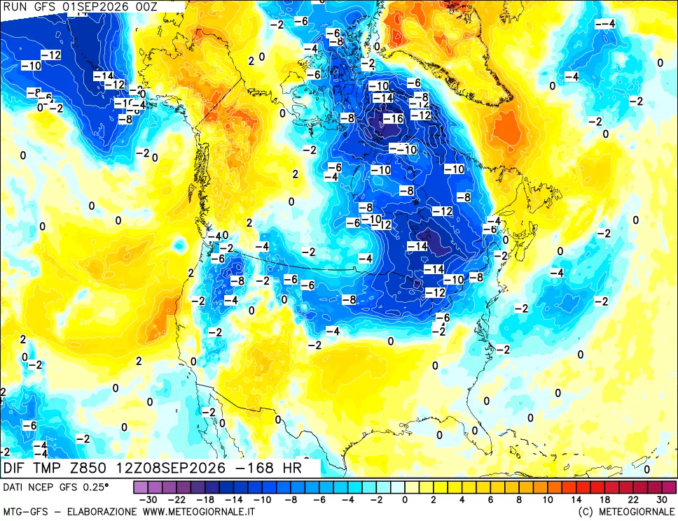 mappa Dif. Temp a 850 hPa Valid - Init