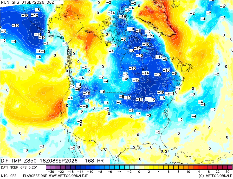 mappa Dif. Temp a 850 hPa Valid - Init