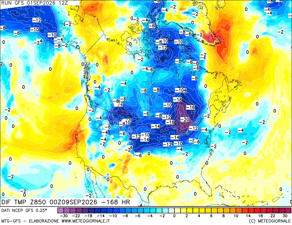 mappa Dif. Temp a 850 hPa Valid - Init