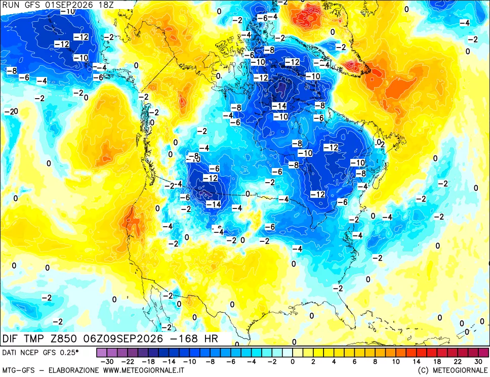mappa Dif. Temp a 850 hPa Valid - Init