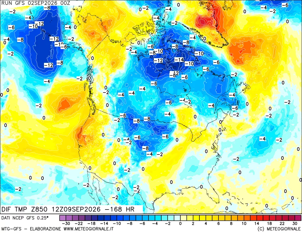 mappa Dif. Temp a 850 hPa Valid - Init