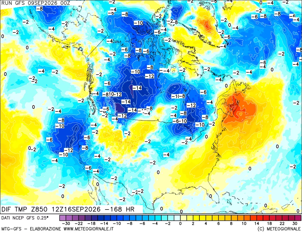 mappa Dif. Temp a 850 hPa Valid - Init