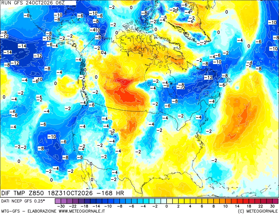 mappa Dif. Temp a 850 hPa Valid - Init