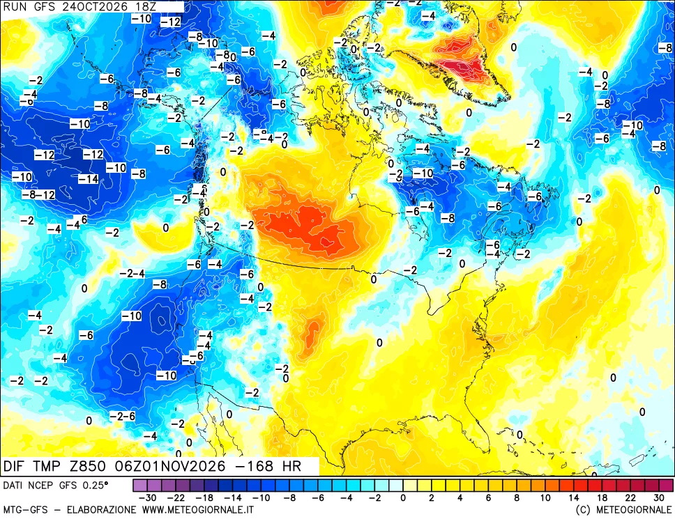mappa Dif. Temp a 850 hPa Valid - Init
