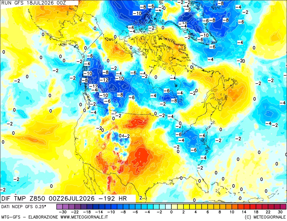 mappa Dif. Temp a 850 hPa Valid - Init
