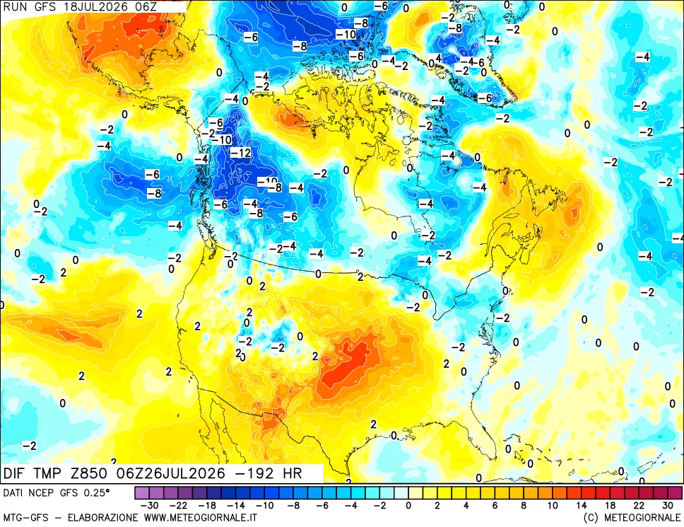 mappa Dif. Temp a 850 hPa Valid - Init