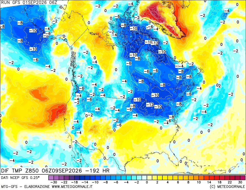 mappa Dif. Temp a 850 hPa Valid - Init