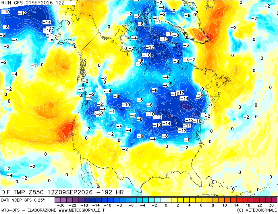 mappa Dif. Temp a 850 hPa Valid - Init