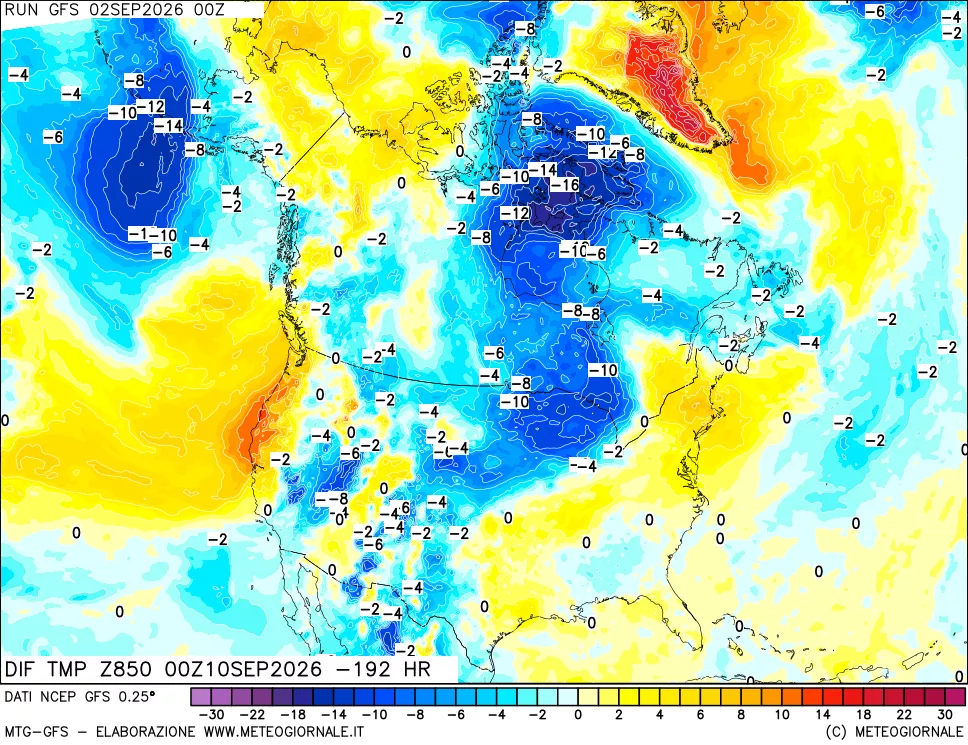 mappa Dif. Temp a 850 hPa Valid - Init