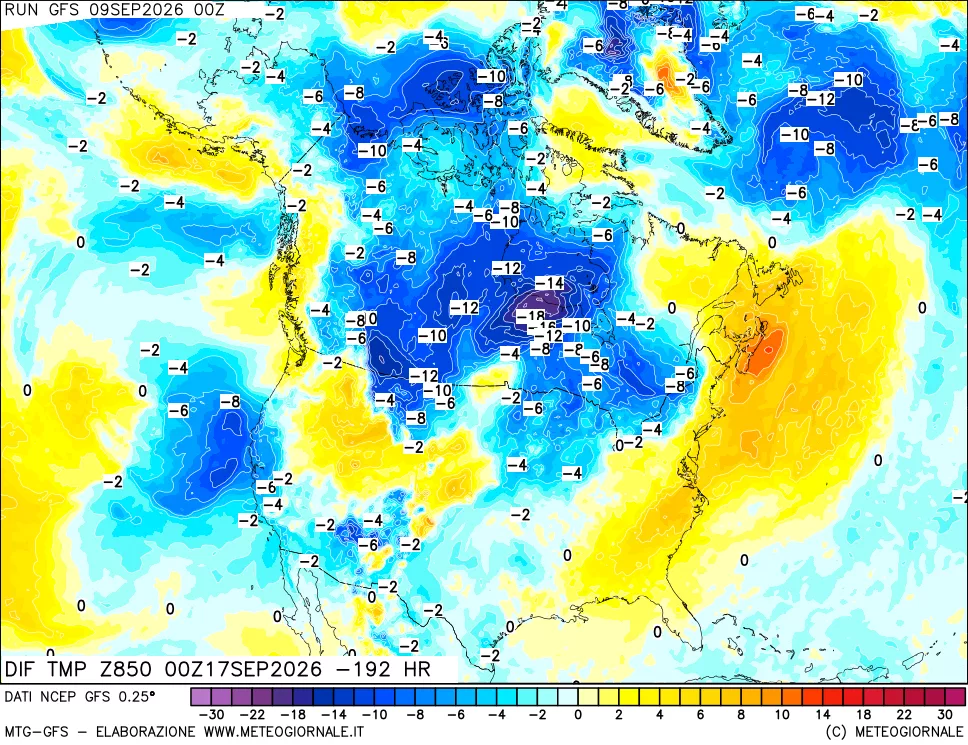 mappa Dif. Temp a 850 hPa Valid - Init