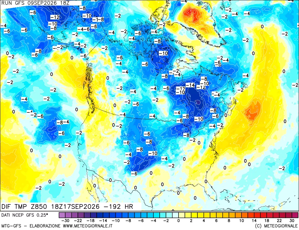 mappa Dif. Temp a 850 hPa Valid - Init