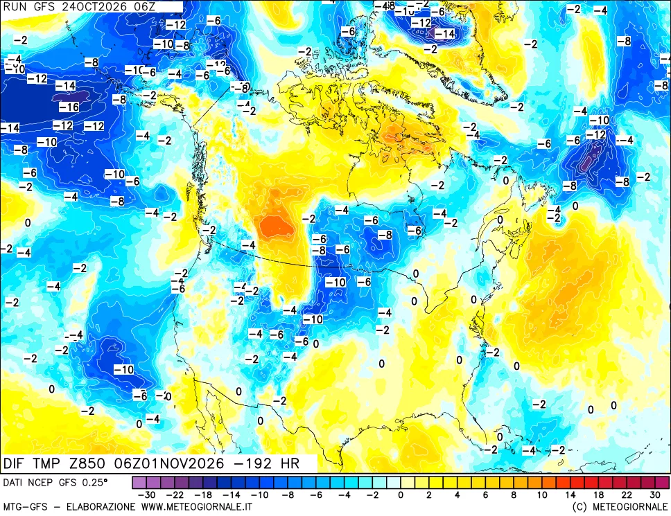 mappa Dif. Temp a 850 hPa Valid - Init