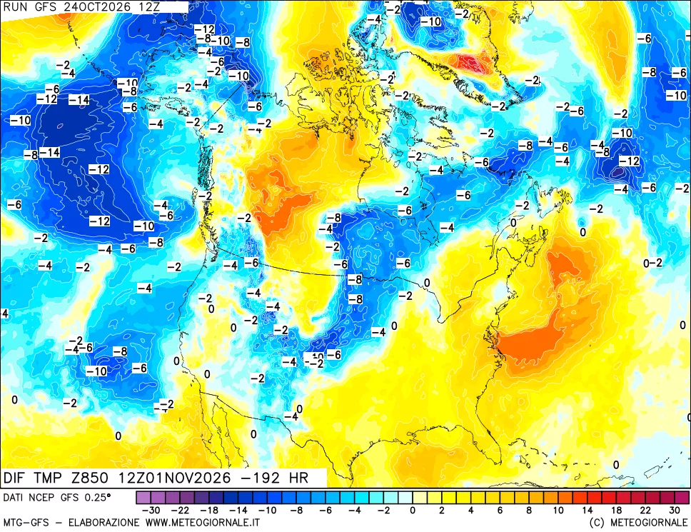 mappa Dif. Temp a 850 hPa Valid - Init