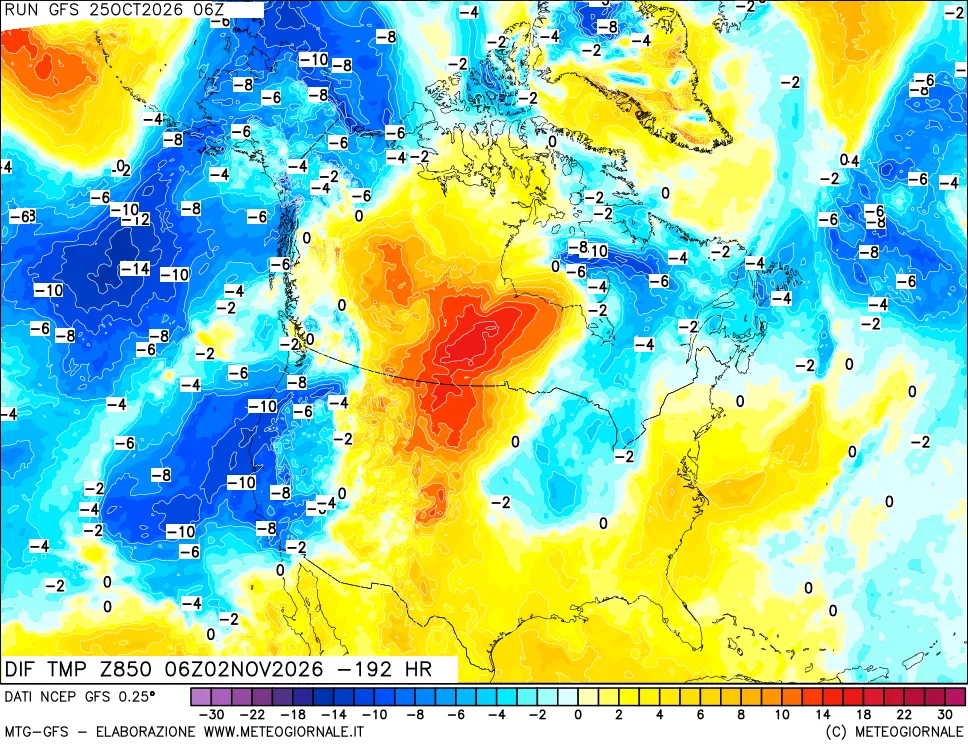 mappa Dif. Temp a 850 hPa Valid - Init