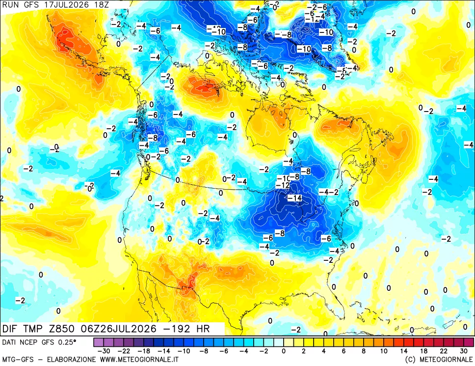 mappa Dif. Temp a 850 hPa Valid - Init