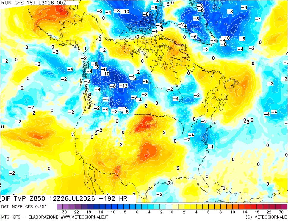 mappa Dif. Temp a 850 hPa Valid - Init