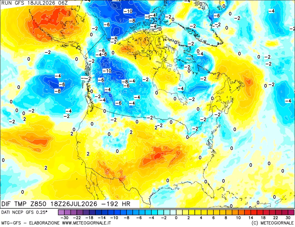 mappa Dif. Temp a 850 hPa Valid - Init