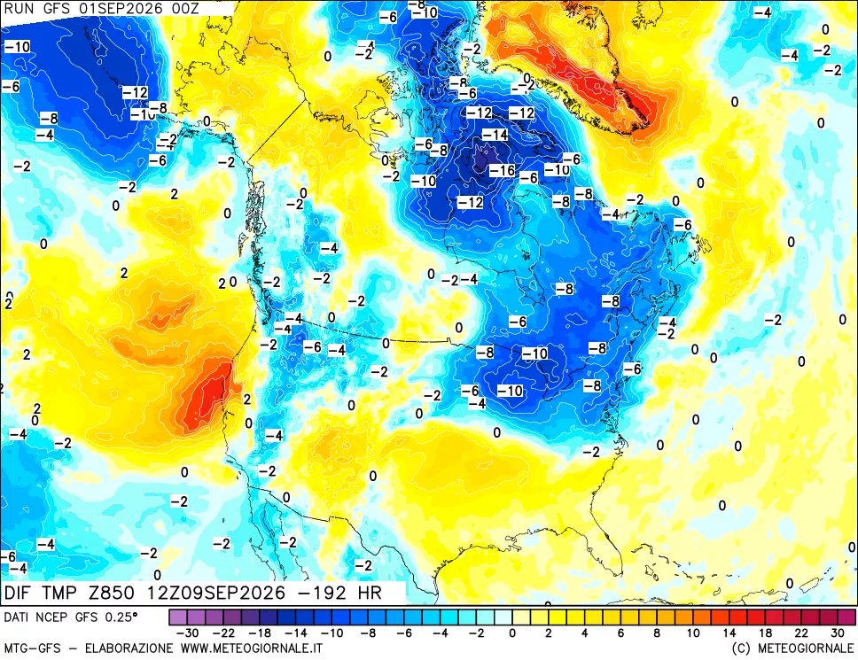mappa Dif. Temp a 850 hPa Valid - Init