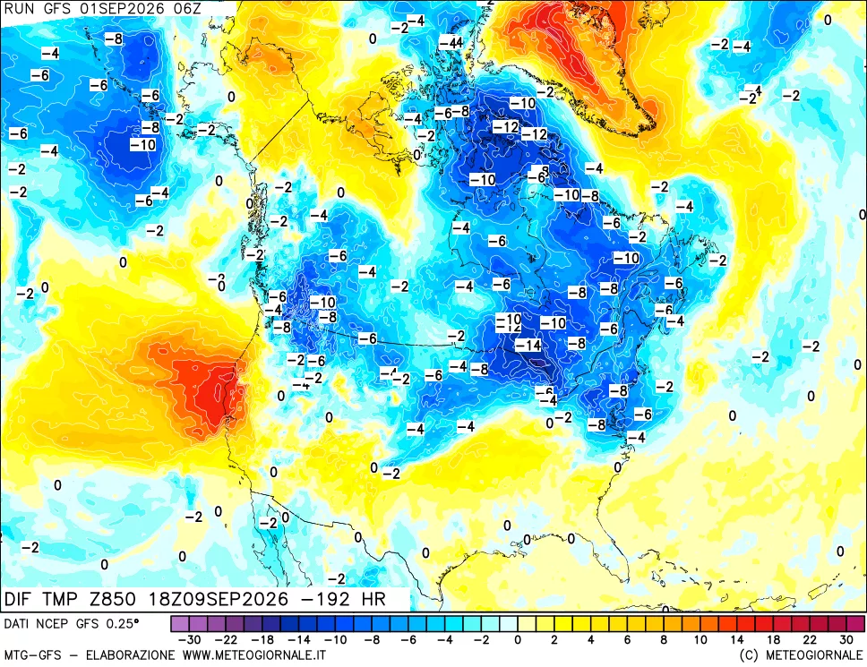 mappa Dif. Temp a 850 hPa Valid - Init