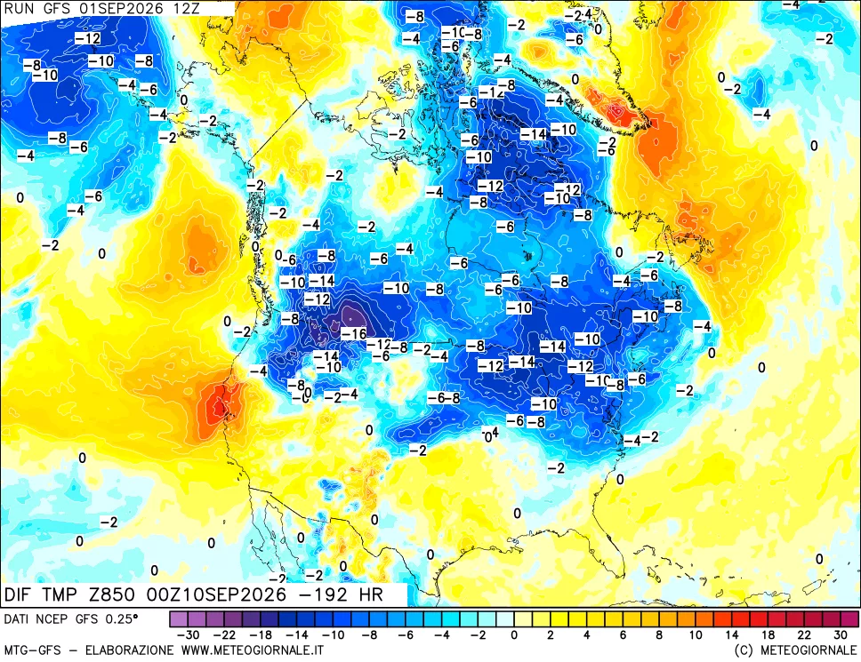 mappa Dif. Temp a 850 hPa Valid - Init