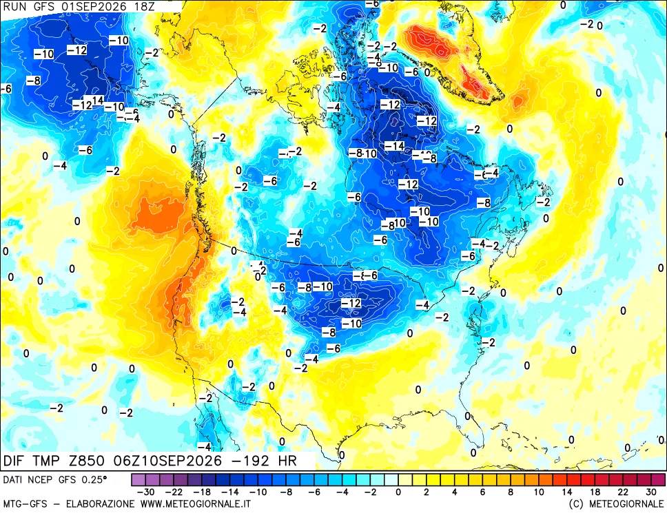 mappa Dif. Temp a 850 hPa Valid - Init
