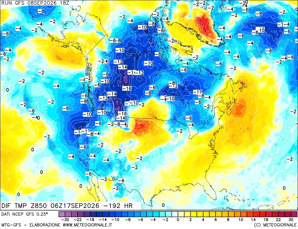 mappa Dif. Temp a 850 hPa Valid - Init