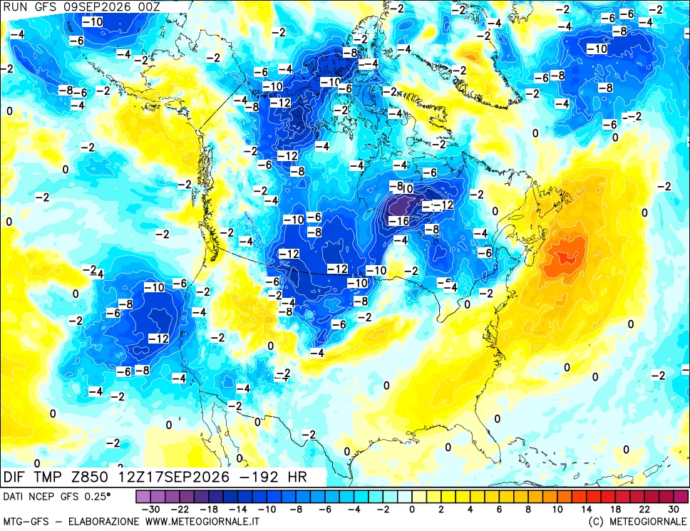 mappa Dif. Temp a 850 hPa Valid - Init