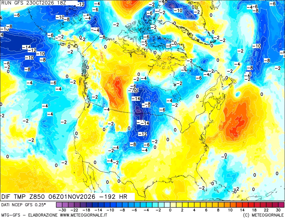 mappa Dif. Temp a 850 hPa Valid - Init