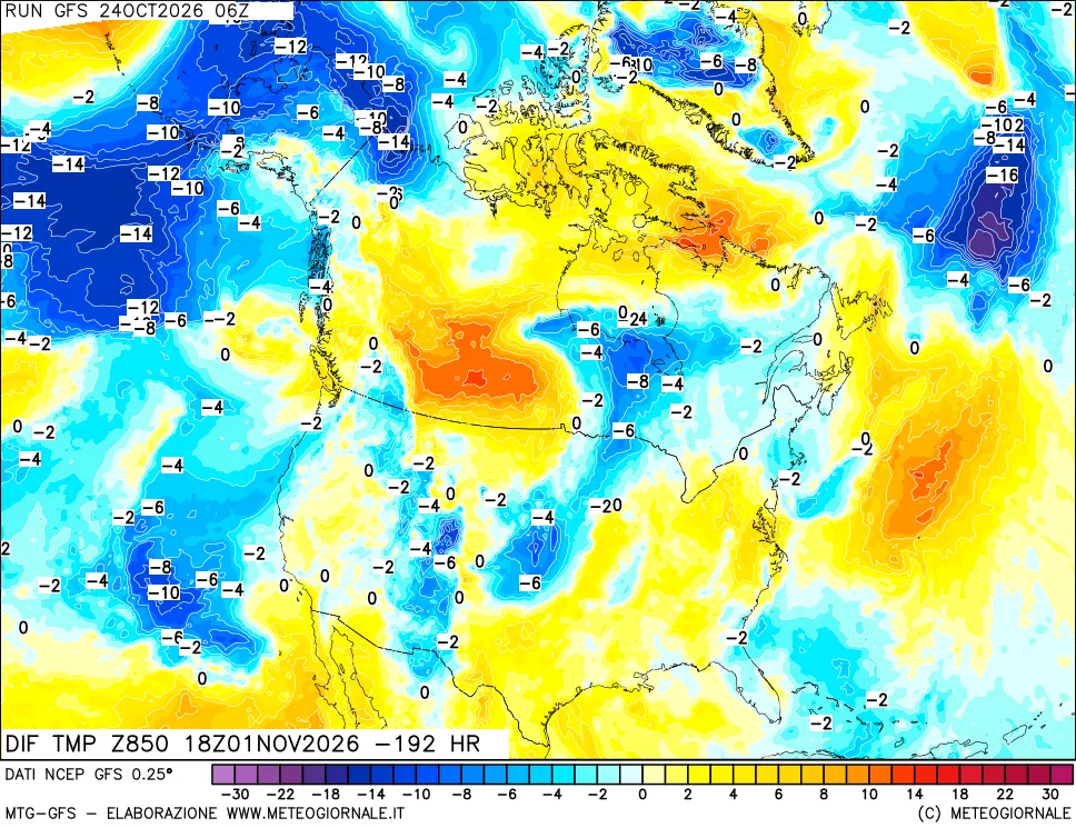 mappa Dif. Temp a 850 hPa Valid - Init