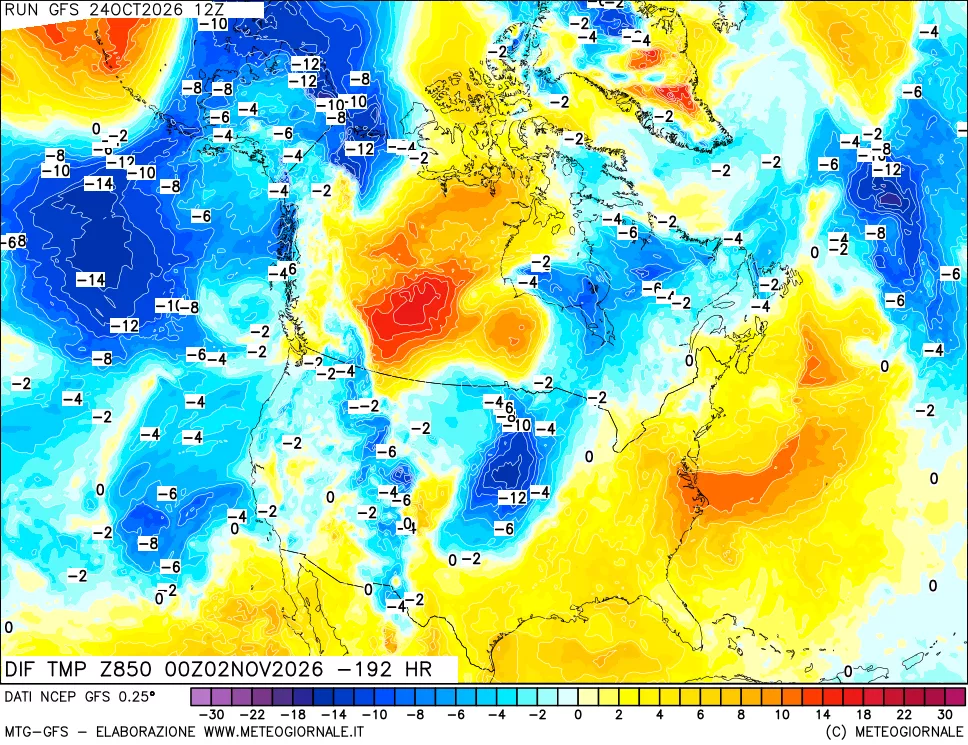 mappa Dif. Temp a 850 hPa Valid - Init
