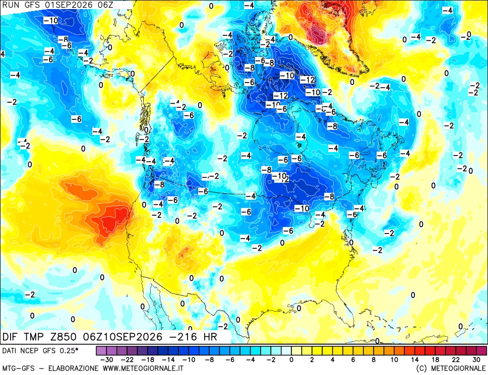 mappa Dif. Temp a 850 hPa Valid - Init
