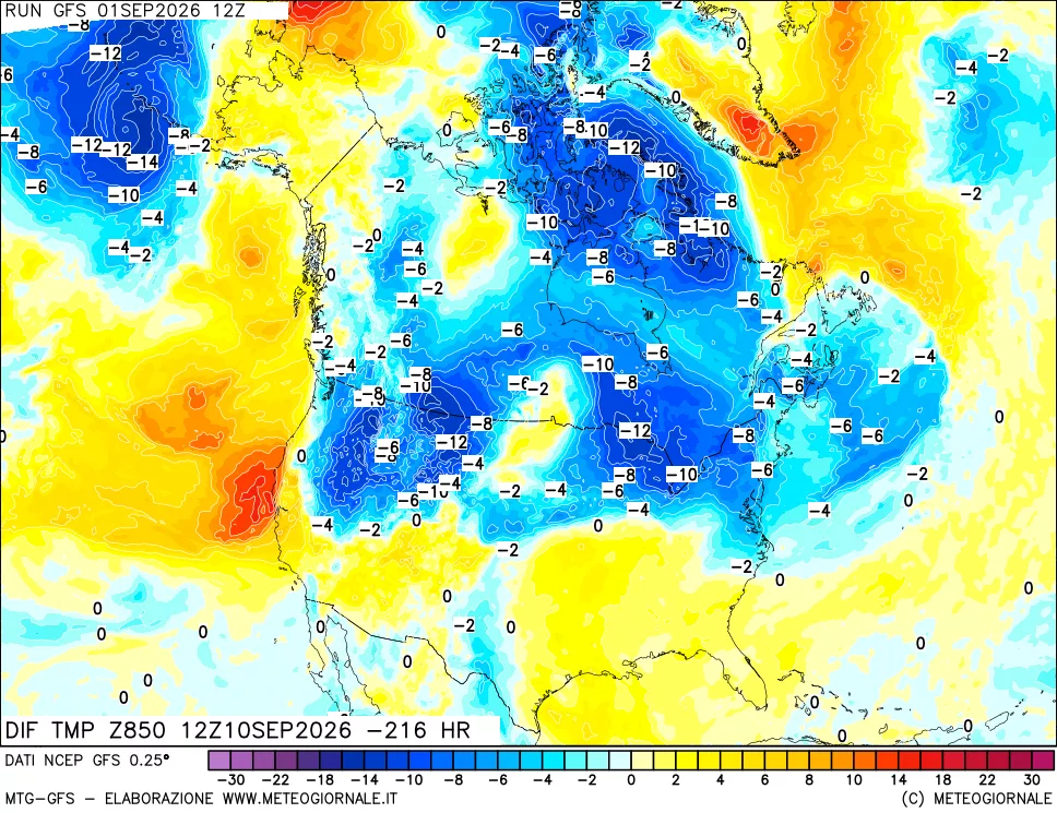 mappa Dif. Temp a 850 hPa Valid - Init