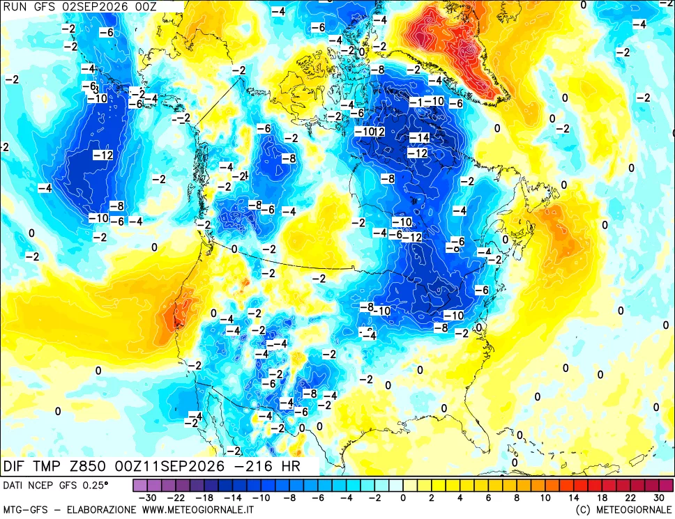 mappa Dif. Temp a 850 hPa Valid - Init