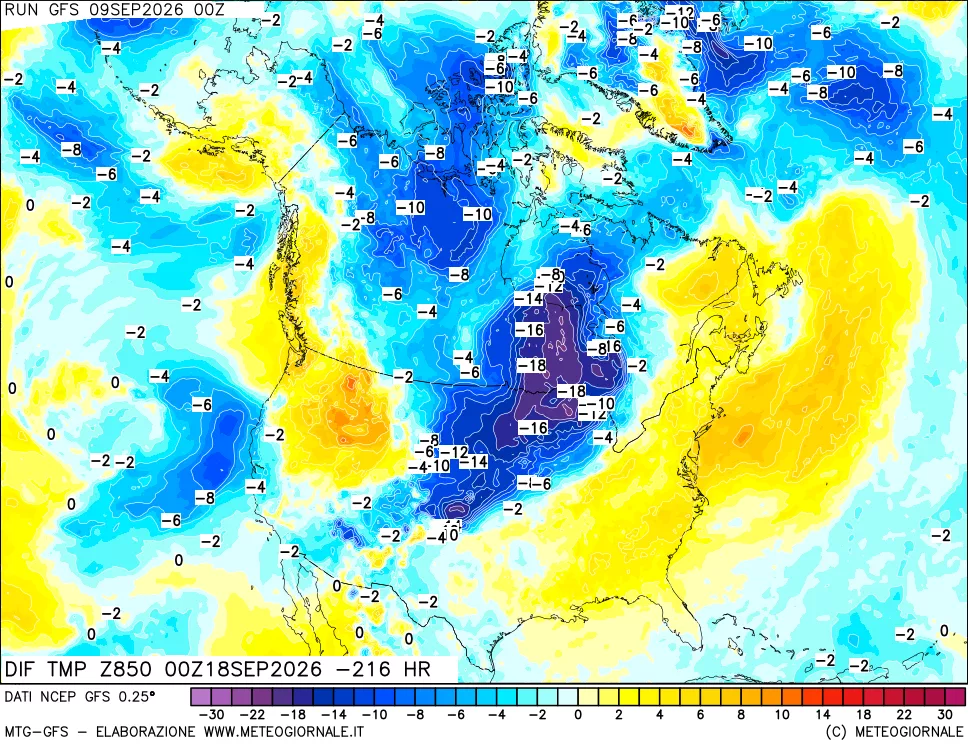 mappa Dif. Temp a 850 hPa Valid - Init