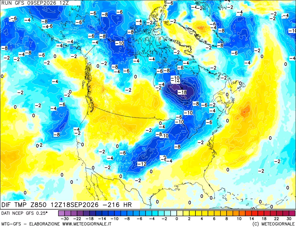 mappa Dif. Temp a 850 hPa Valid - Init