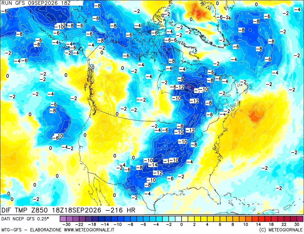 mappa Dif. Temp a 850 hPa Valid - Init