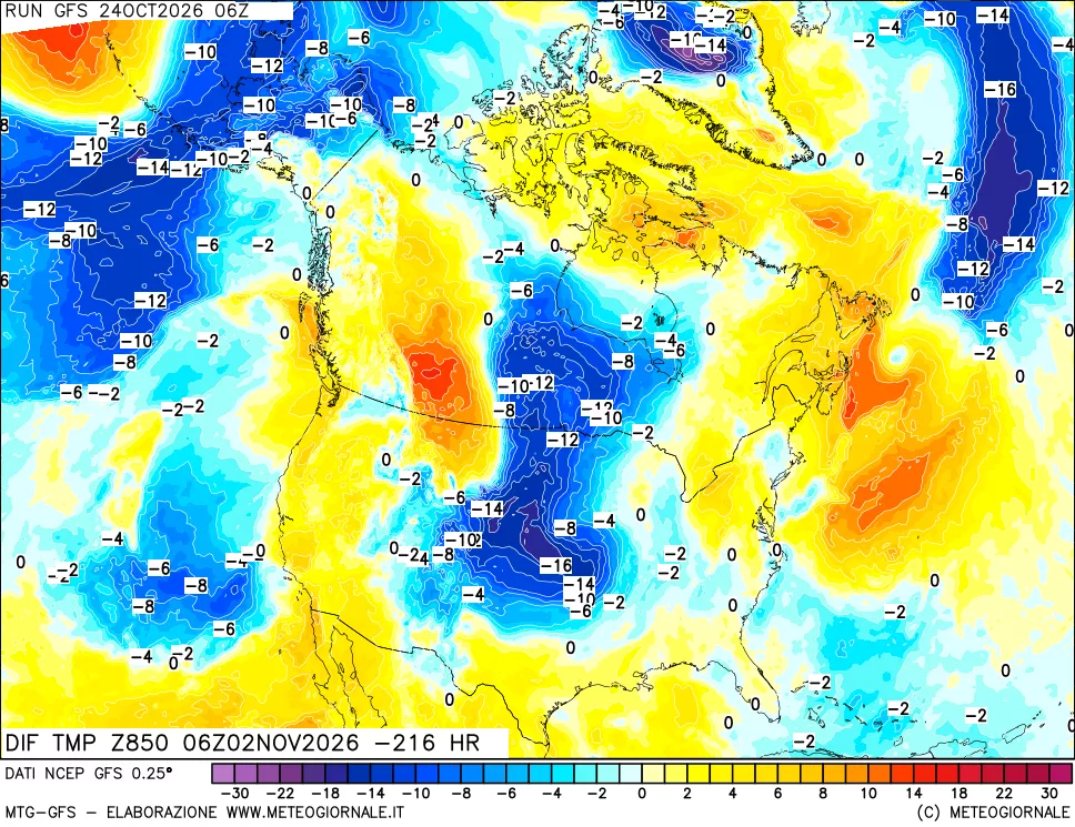 mappa Dif. Temp a 850 hPa Valid - Init