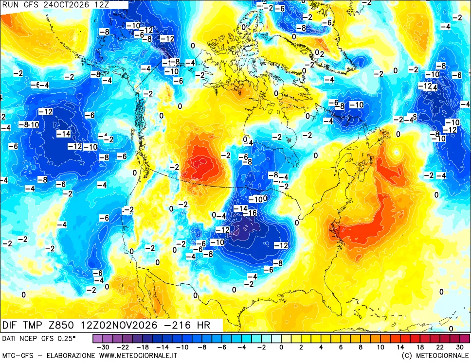 mappa Dif. Temp a 850 hPa Valid - Init