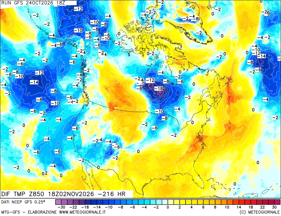 mappa Dif. Temp a 850 hPa Valid - Init