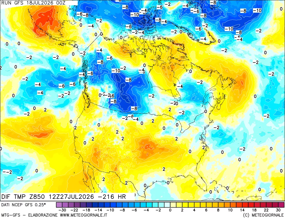 mappa Dif. Temp a 850 hPa Valid - Init